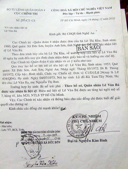 Công văn số 502 khẳng định liệt sĩ Lê Văn Bá đã hy sinh vì đất nước.