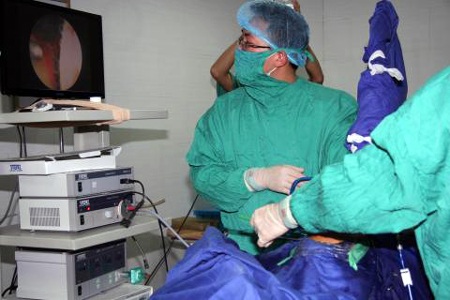 Tiến hành nội soi bệnh nhân trước khi phẫu thuật.