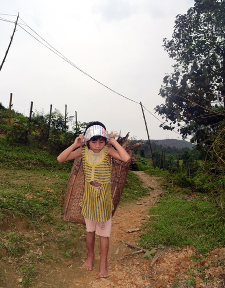 Những ngày em phải lên rừng gùi cũi về phụ giúp cha mẹ với cái gùi còn to hơn cả người.