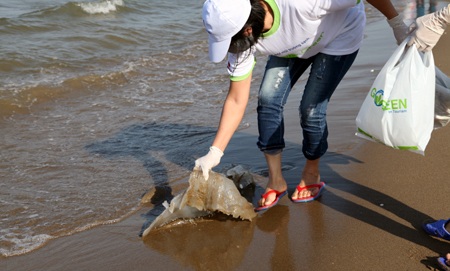 Hàng trăm đoàn viên thanh niên đi dọc bãi biển nhặt rác...