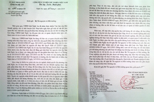 UBND tỉnh Nghệ An đề nghị Bộ Tài nguyên môi trường về việc tính tiền cấp quyền khai thác khoáng sản