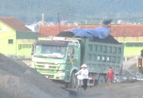 Những chiếc xe tải hạng nặng chất than tràn thùng.