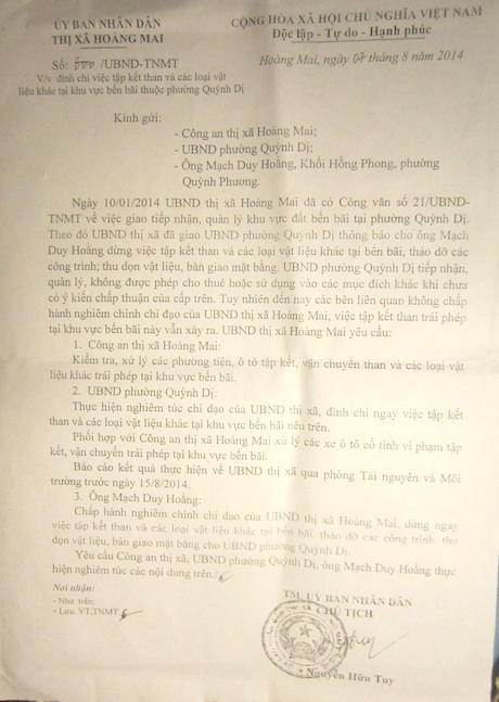 Quyết định đình chỉ việc tập kết than của UBND TX Hoàng Mai đối với Công ty Phương Trang.