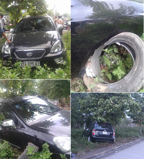 Chiếc xe ô tô đâm dải phân cách, băng qua bên kia đường, rồi leo lên vỉa hè và mới chịu dừng lại.