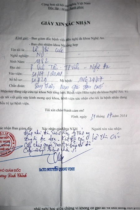 Kết luận của Bác sỹ cho thấy tính mạng của chị Cúc hiện đang bị đe dọa từng ngày từng giờ.