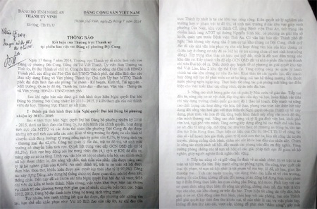 Thông báo kết luận của thường
trực Thành Ủy Vinh làm việc với phường Đội Cung.