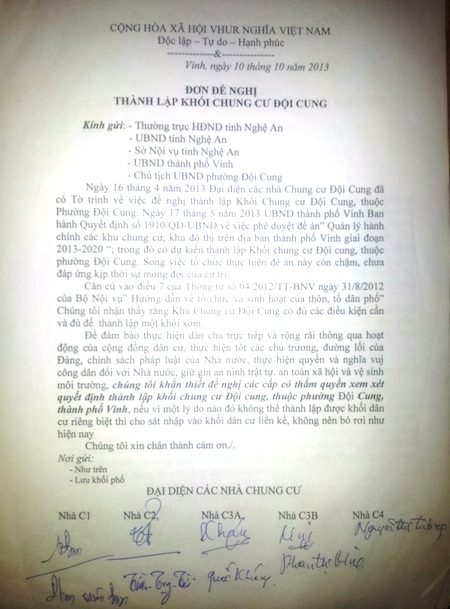 Đơn đề nghị, tờ trình, ý kiến cử tri chung cư Đội Cung.