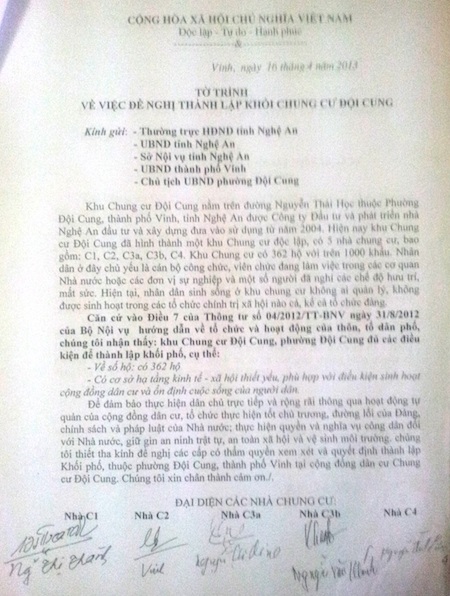 Đơn đề nghị, tờ trình, ý kiến cử tri chung cư Đội Cung.