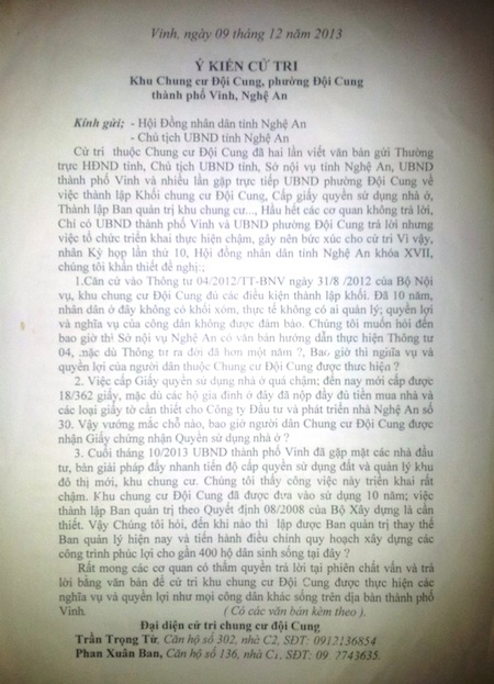 Đơn đề nghị, tờ trình, ý kiến cử tri chung cư Đội Cung.