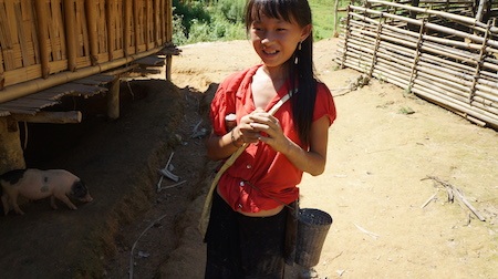 Em Lương Thị Kim Dung vất vả đầu trần đi đào dế từ trong rừng về...