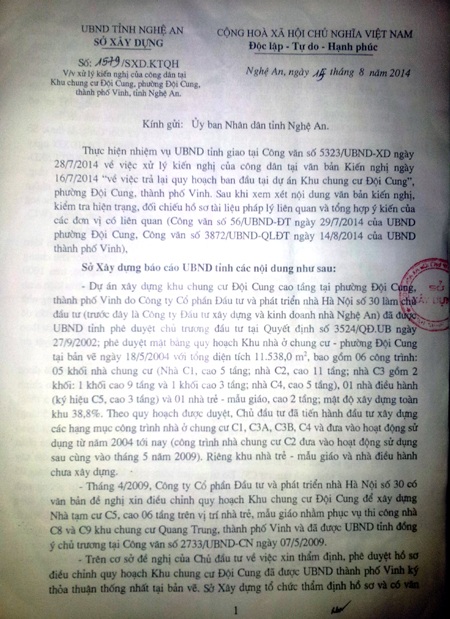 Sau khi báo điện tử Dân trí có bài phản ánh, Sở Xây dựng Nghệ An đã có Công văn trả lời.
