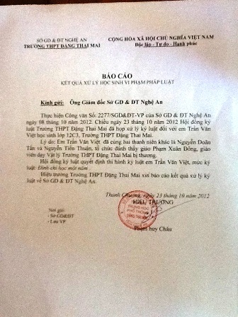 Báo cáo của trường THPT Đặng Thai Mai về việc kỳ luật em Trần Văn Việt một năm học.