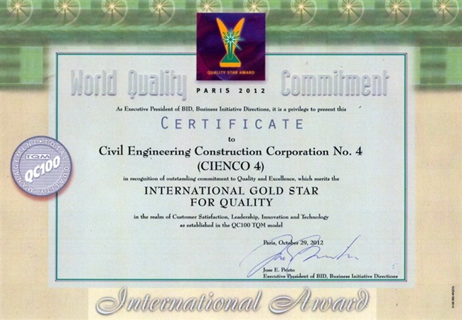 Cienco 4 bản lĩnh trước thời gian - 6 Chứng nhận Tổng Công ty XDCT Giao thông 4 đạt ngôi sao vàng chất lượng của tổ chức BID.