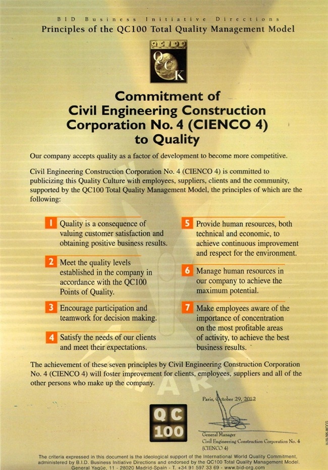 Cienco 4 bản lĩnh trước thời gian - 7 Chứng nhận Tổng Công ty XDCT Giao thông 4 đạt ngôi sao vàng chất lượng của tổ chức BID.