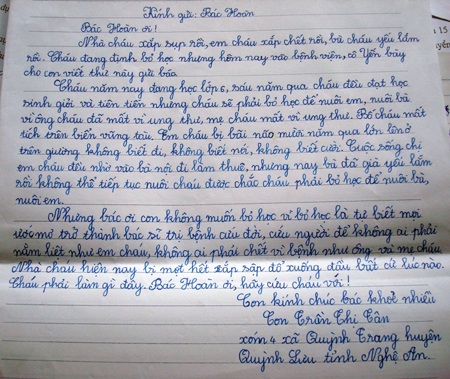 Bức thư cháu Tân gửi tới ông Phạm Huy Hoàn - TBT báo điện tử Dân trí.
