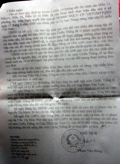 Làm rõ, xử nghiêm các cán bộ “ăn” gạo cứu đói của dân - 2 Kết luận của ban thanh tra xã Diễn Bích về sự việc bớt xén gạo của ban cán sự xóm Chiến Thắng