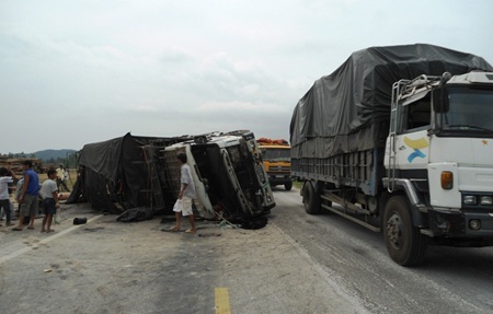 Xe tải lật, hàng trăm con lợn chạy tán loạn giữa đường