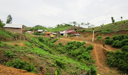 Con đường vào khu tái định cư cũng như các hộ dân phải ở trên cao.