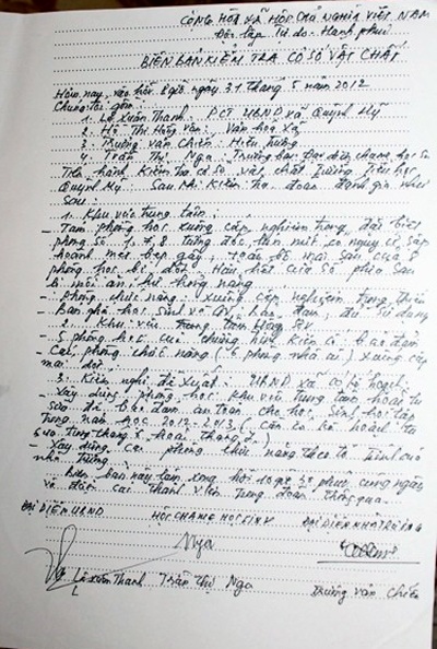 Biên bản kiểm tra cơ sở vật chất mà UBND kết hợp cùng trường tiến hành ngày 31/5/2012.