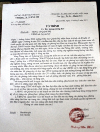 Tờ trình thầy Chiến gửi UBND xã Quỳnh Mỹ xin nâng cấp cơ sở vật chất của trường trước năm học mới.