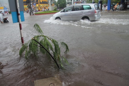 Đường Nguyễn Nguyễn Thị Khai ngập nước, cống thoát nước phải đặt cành cây cảnh báo chỗ nguy hiểm.