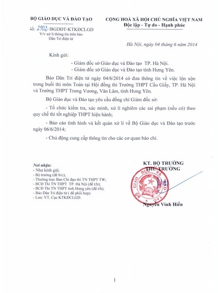 Bộ GD - ĐT yêu cầu xử lý nghiêm vụ tiêu cực trong phòng thi tại Hà Nội, Hưng Yên - 1 Bộ Giáo dục & Đào tạo lên tiếng về tiêu cực trong phòng thi tốt nghiệp THPT