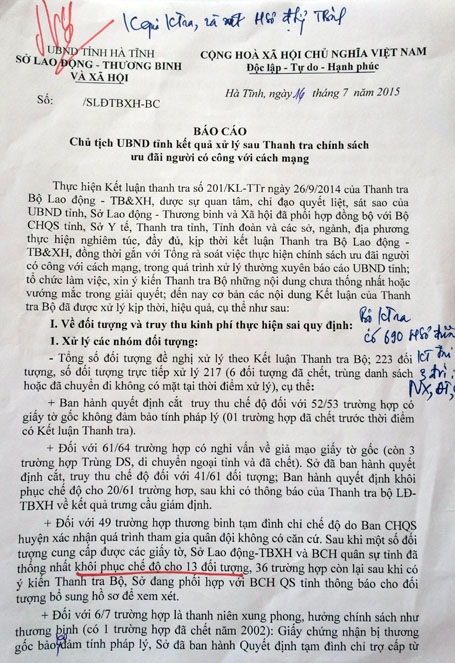 Giám đốc Sở LĐ-TB&XH bị “truy gắt” vì chi tiền sai nguyên tắc - 1 Báo cáo xử lý hậu xử lí kết luận thanh tra của Sở LĐTB-XH gửi UBND tỉnh Hà Tĩnh