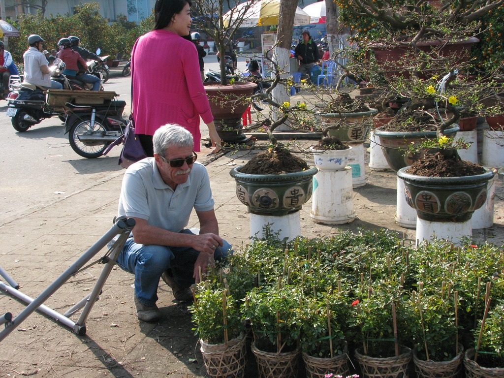 Một vị khách nước ngoài đang chọn mua những chậu hoa hồng nhỏ,