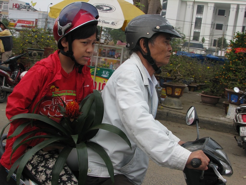 Hai ông cháu mua được chậu hoa dứa