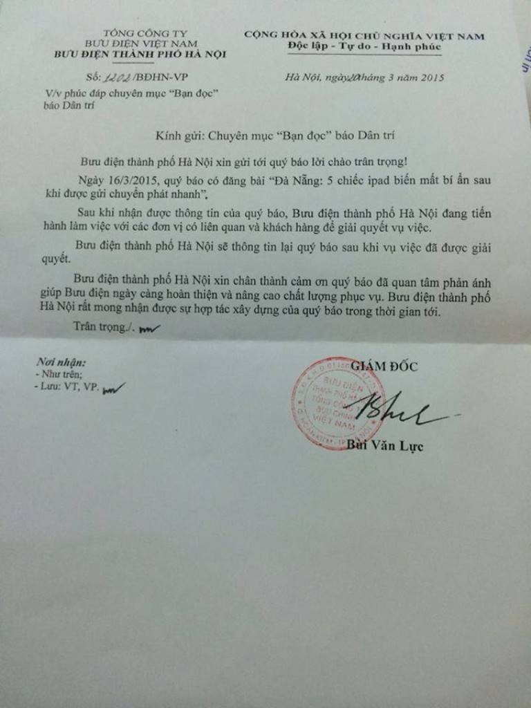 Vản bản phản hồi của Bưu điện TP Hà Nội