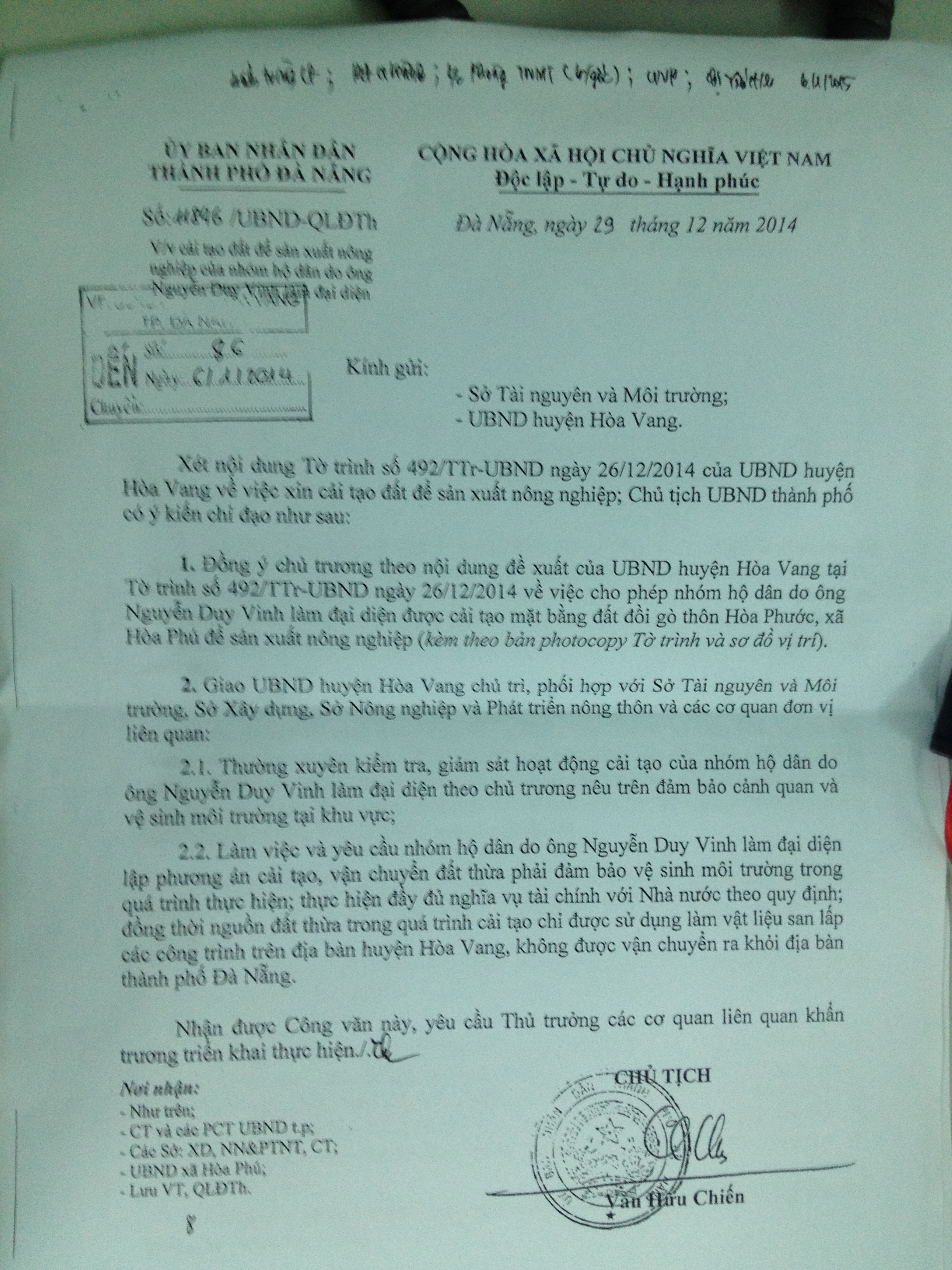 Văn bản ông Chiến ký đồng ý cho các hộ dân cải tạo đất trước khi về hưu