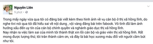 Bộ TT-TT yêu cầu làm rõ việc tung tin thất thiệt lên Facebook để bôi nhọ giáo viên - 2 Thông tin xin lỗi giáo viên Hà Tĩnh của chủ tài khoản Facebook Nguyễn Liên