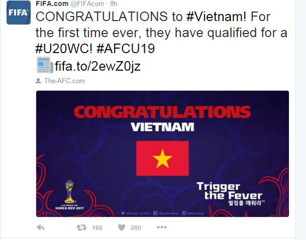 FIFA chúc mừng U19 Việt Nam lần đầu dự World Cup U20 - 1 FIFA chúc mừng U19 Việt Nam lần đầu dự World Cup U20