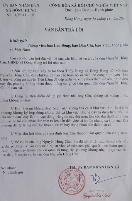 Vụ một nông dân bị tù oan: Chính quyền xã “không liên quan”? - 1 Nội dung văn bản trả lời nêu rõ: “
