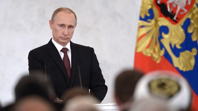 Tỷ lệ ủng hộ Putin “lập đỉnh” 5 năm - 1 Tổng thống Putin đọc thông điệp đặc biệt tại lưỡng viện Quốc hội Nga về việc tái sáp nhập Crimea.