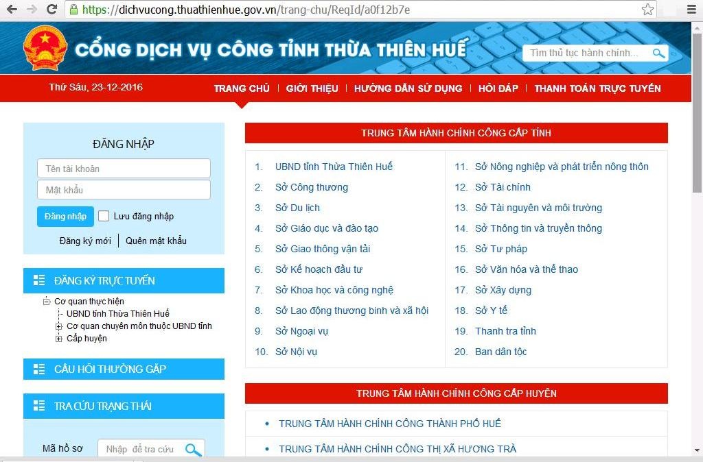 
Giao diện Cổng dịch vụ công tỉnh Thừa Thiên Huế
