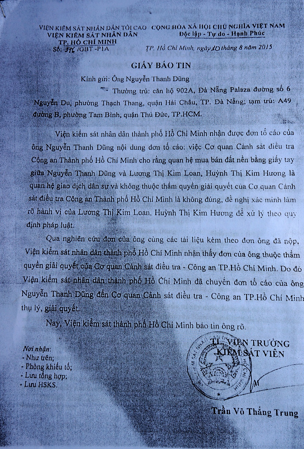 Viện KSND TP.HCM nhận định kết quả điều tra, xác minh của cơ quan CSĐT Công an TP.HCM về vụ khiếu nại của ông Dũng là chưa thỏa đáng