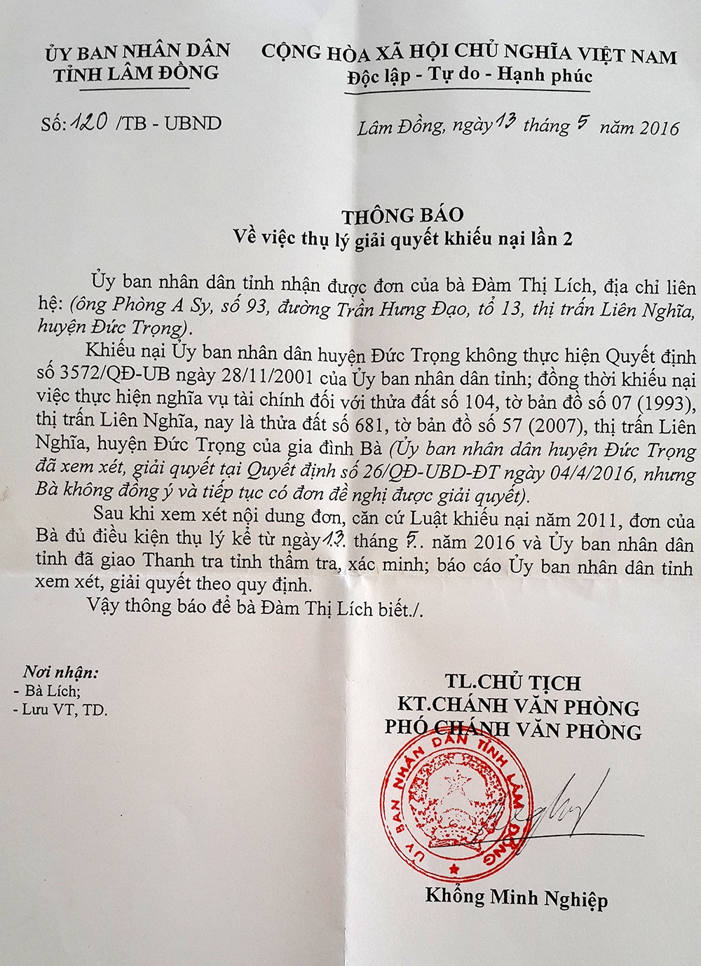 Vụ áp thuế 5,7 tỷ: Bộ trưởng chỉ đạo “nóng”, UBND tỉnh Lâm Đồng “chuyển mình” - 2 Thông báo thụ lý đơn khiếu nại của UBND tỉnh Lâm Đồng gửi đến gia đình cụ Lích