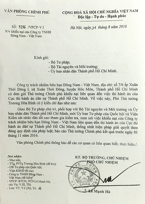 Phó Thủ tướng Trương Hòa Bình đã có văn bản giao các cơ quan liên quan làm rõ vụ thi hành án dân sự khiến doanh nghiệp bức xúc.