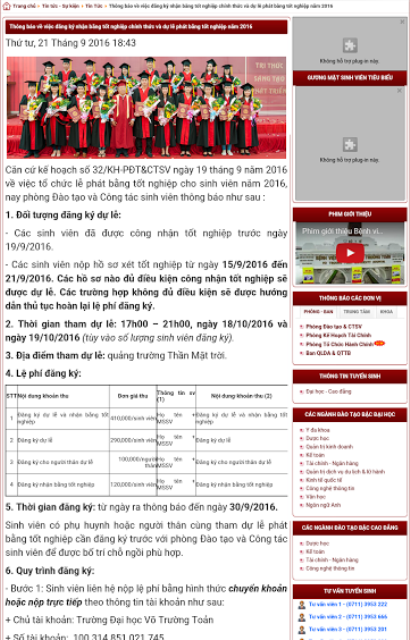 Thông tin thu tiền về việc trao bằng tốt nghiệp cho sinh viên của trường ĐH Võ Trường Toản.