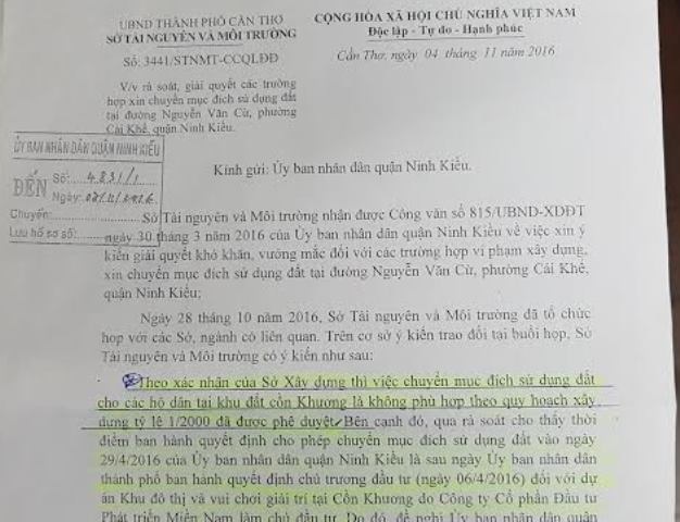 Cần Thơ: Chính quyền bất đồng quan điểm, dân lâm vào cảnh "màn trời chiếu đất"! - 2 Văn bản trả lời của sở TN&MT Cần Thơ
