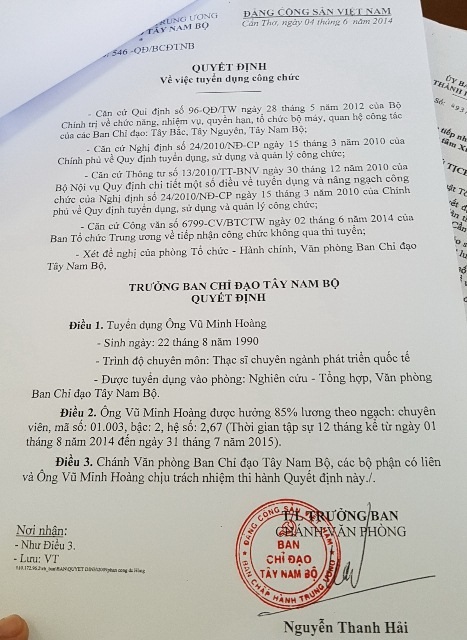 Quyết định về việc tuyển dụng ông Võ Minh Hoàng của Ban chỉ đạo Tây Nam Bộ