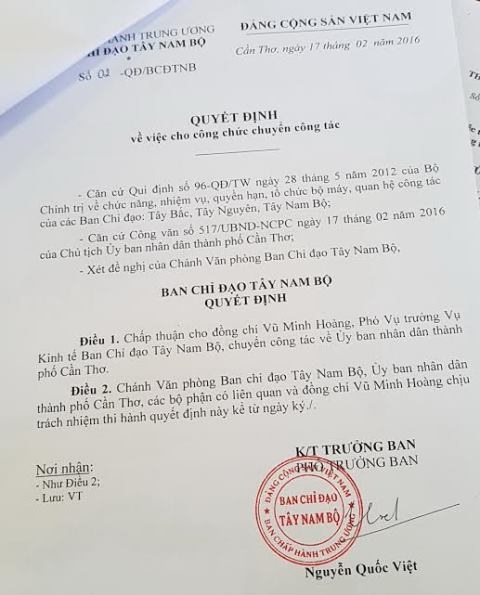 Thành lập tổ kiểm tra vụ bổ nhiệm cán bộ “thần tốc” - 1 Quyết định chuyển ông Hoàng qua UBND TP Cần Thơ công tác chỉ sau 32 ngày khi ông này được bổ nhiệm chức Phó Vụ trưởng