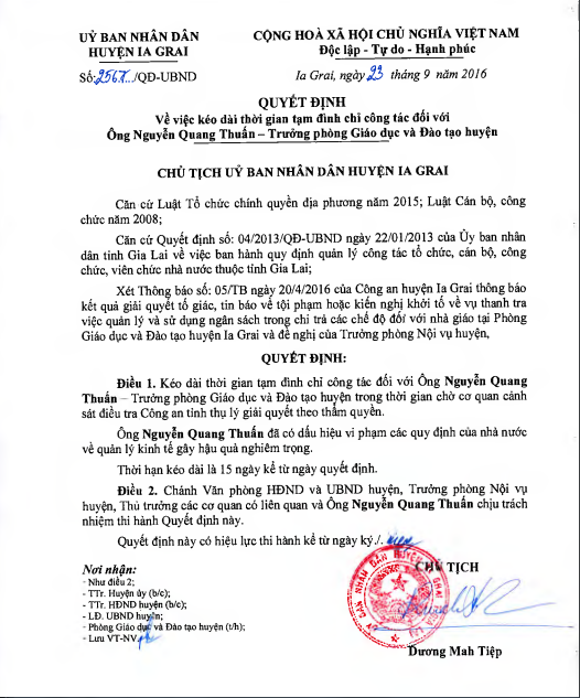 Gia hạn đình chỉ công tác Trưởng Phòng Giáo dục “ém” tiền của giáo viên - 1 Văn bản ra hạn tạm đình chỉ công tác đối với ông Nguyễn Quang Thuấn.