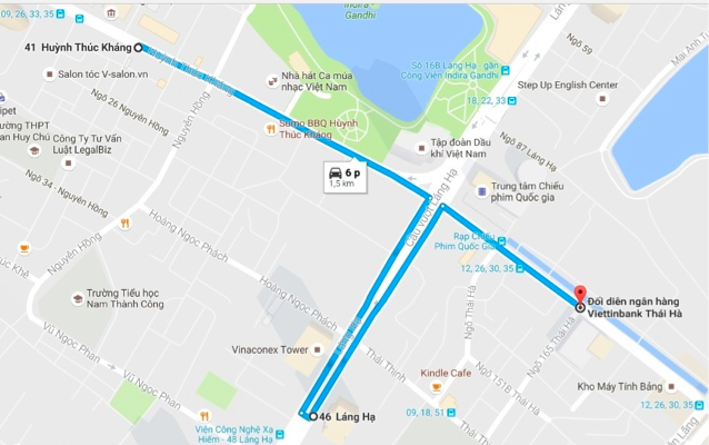 Hà Nội cấm toàn bộ phương tiện đi dưới gầm cầu vượt Láng Hạ - 1 Từ ngày 26/11 đến 4/12, các phương tiện có nhu cầu đi từ Huỳnh Thúc Kháng - Thái Hà theo hướng Huỳnh Thúc Kháng - Láng Hạ đến điểm quay đầu Vũ Ngọc Phan - Thái Hà (hướng đường màu xanh)