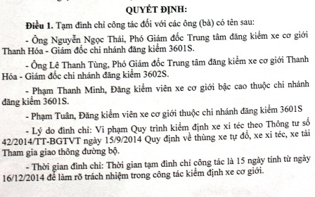 Quyết định tạm đình chỉ công tác đối với cán bộ, viên chức Trung tâm đăng kiểm vi phạm.