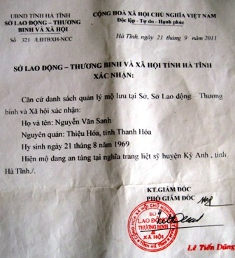 Giấy xác nhận của Sở LĐ-TB&XH tỉnh Hà Tĩnh về phần mộ của liệt sỹ Nguyễn Văn Sanh.