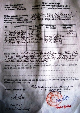 Giấy xác nhận của Sở LĐ-TB&XH tỉnh Hà Tĩnh về phần mộ của liệt sỹ Nguyễn Văn Sanh.