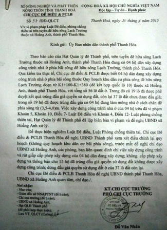 Văn bản gửi UBND TP Thanh Hóa của Chi cục Đê điều & PCLB về sự việc.