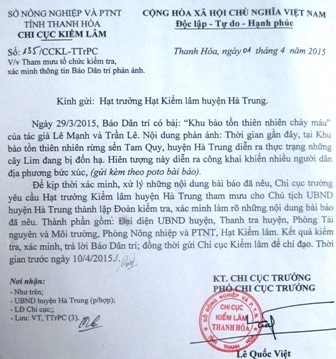 Công văn chỉ đạo kiểm tra của Chi cục kiểm lâm Thanh Hóa.